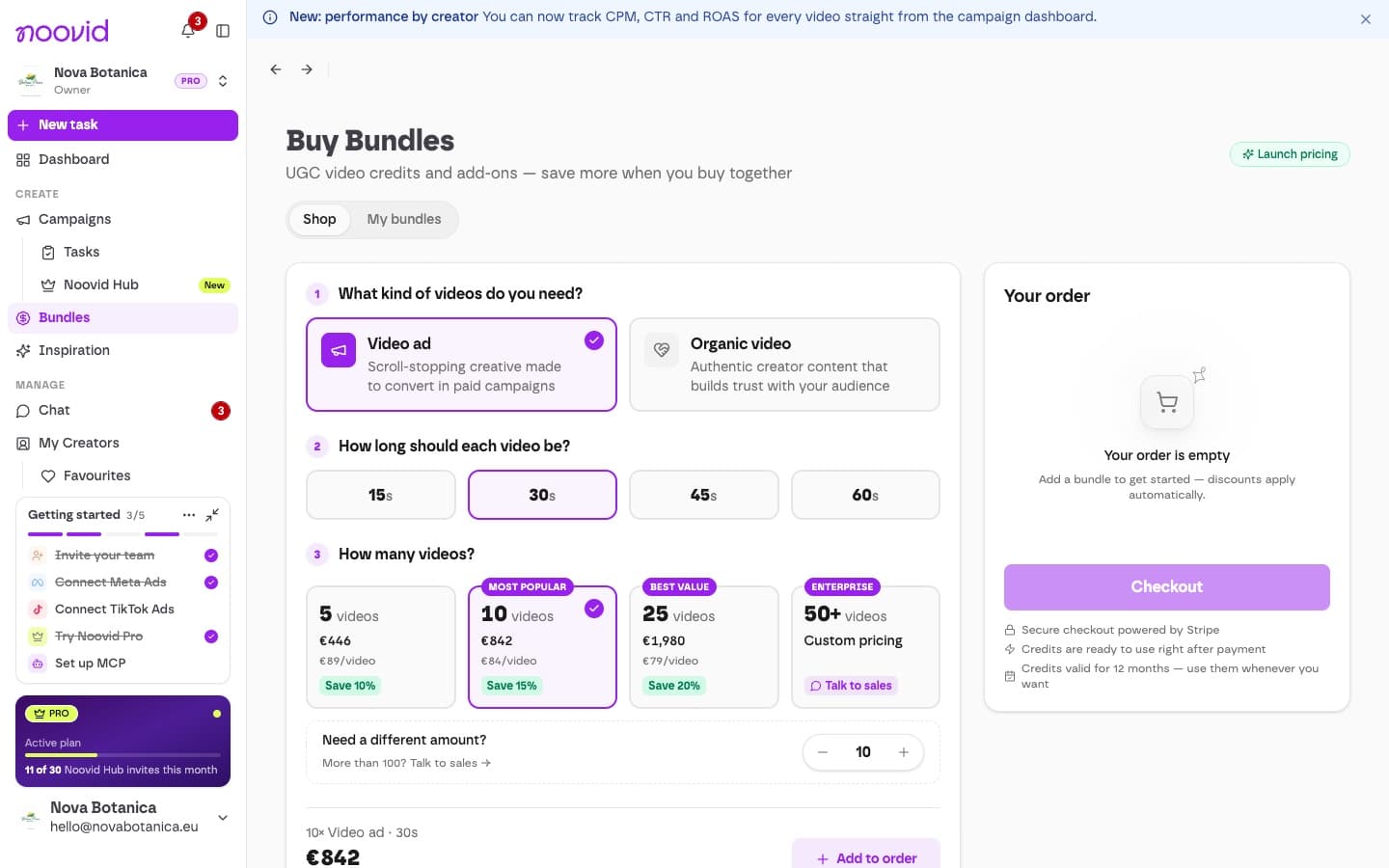 The Bundles page, where you pick videos and add-on credits