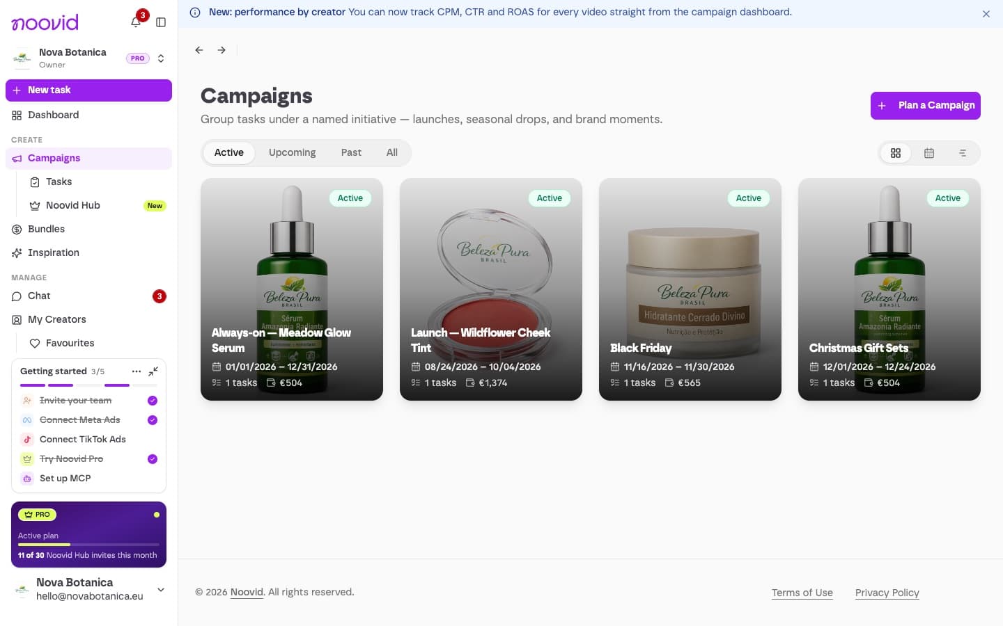 The Campaigns page with campaigns shown in the grid view