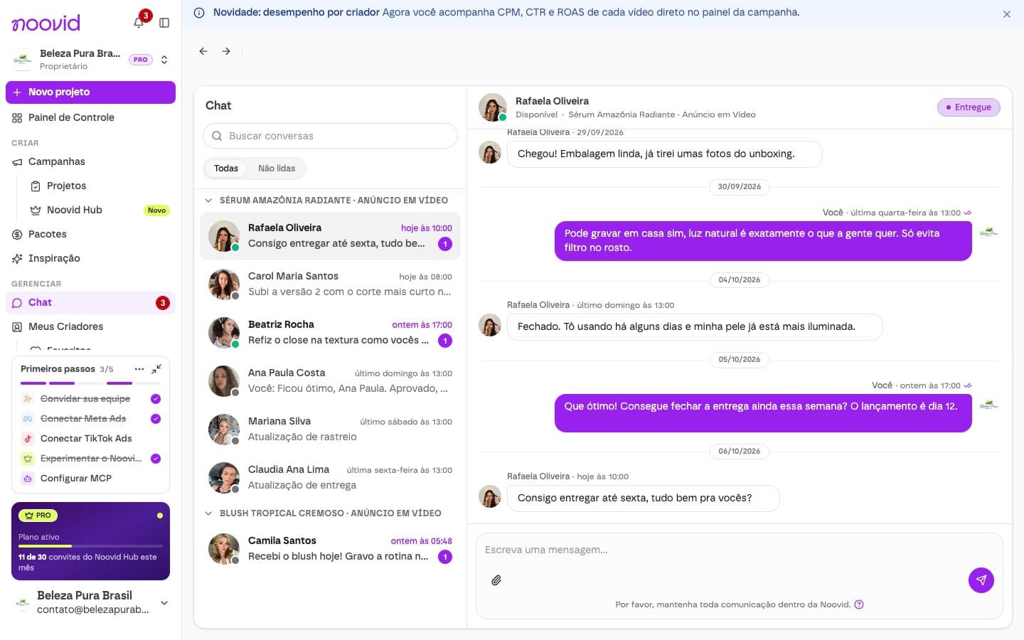 A caixa de entrada do Chat, com as conversas com os criadores