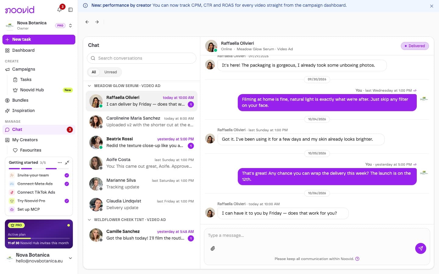 The Chat inbox with conversations with creators