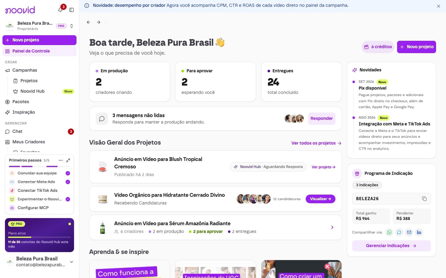O painel da marca na Noovid, com o menu lateral e o resumo dos projetos