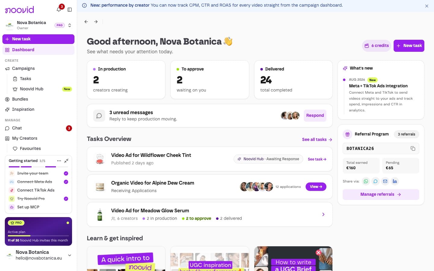 The Noovid brand dashboard with projects and the sidebar