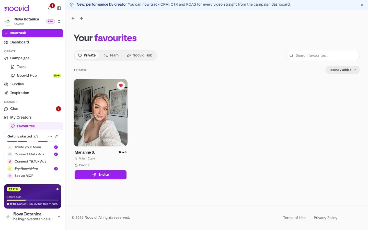 The Favourites tab in My Creators with Private, Team and Noovid Hub tabs