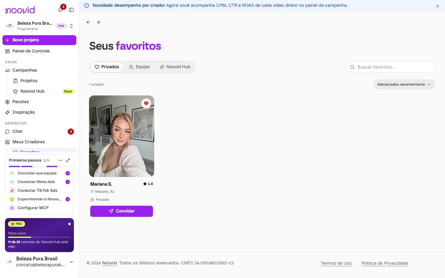 A aba Favoritos em Meus Criadores, com os criadores salvos
