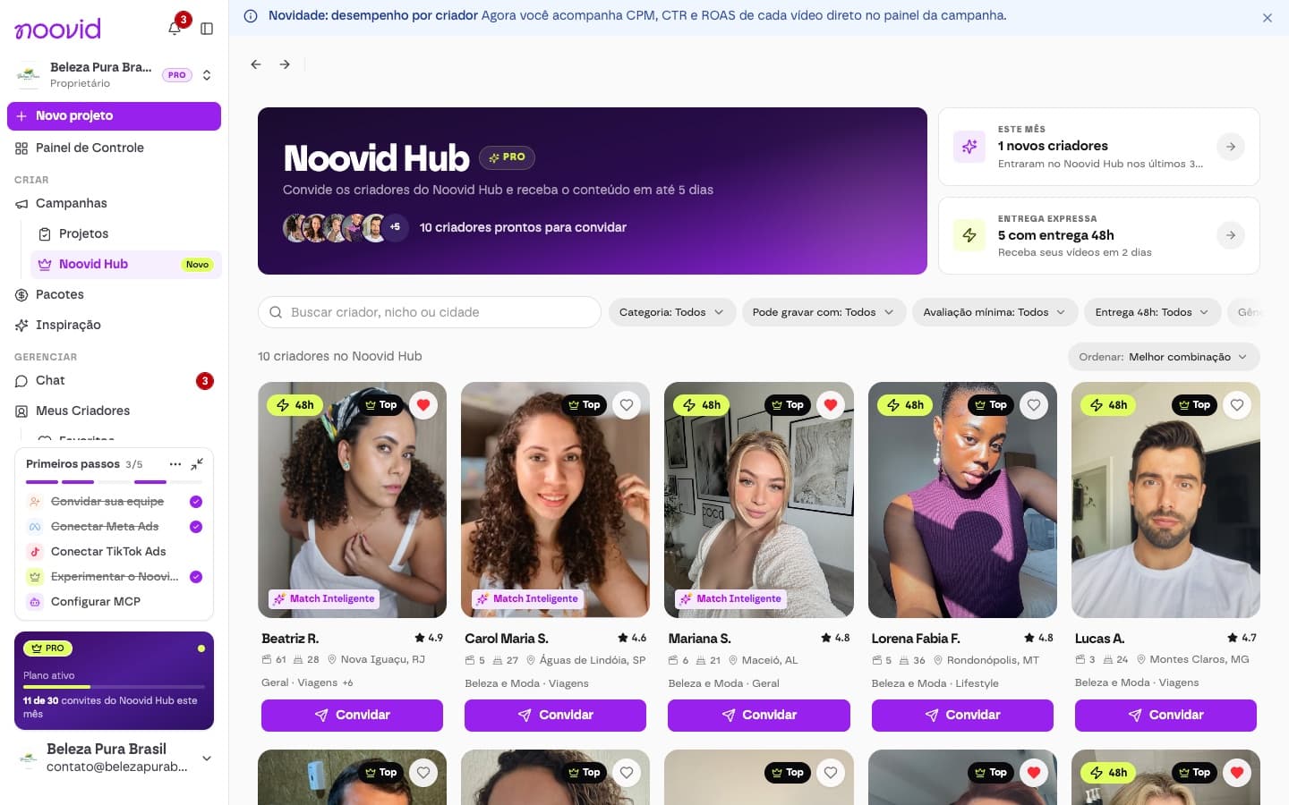 O Noovid Hub com os criadores recomendados e os filtros de busca