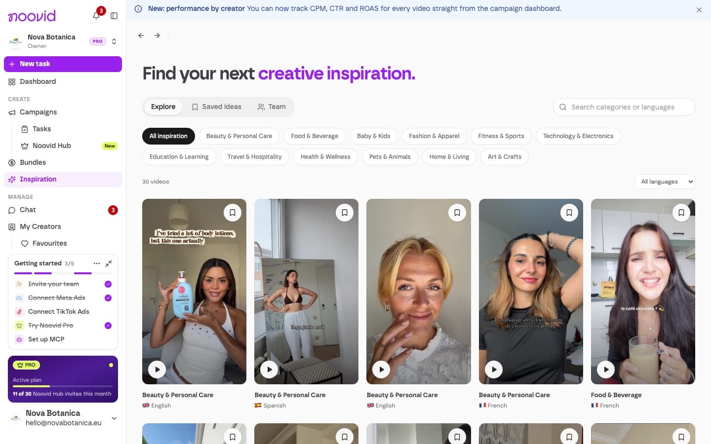 The Inspiration library with UGC videos and category filters