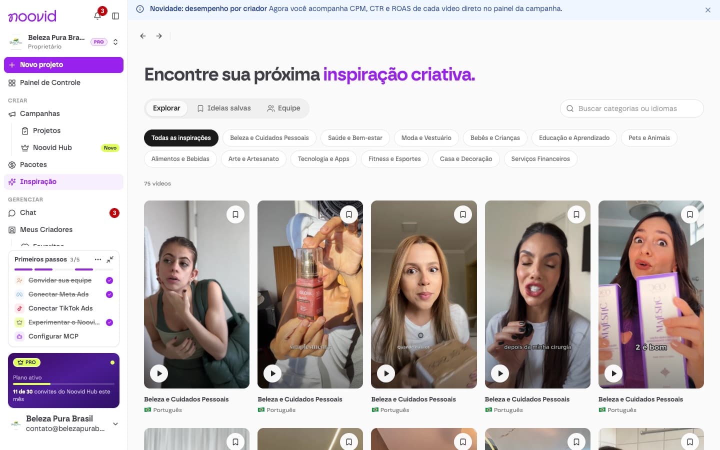 A biblioteca de Inspiração, com vídeos UGC e filtros por categoria e idioma