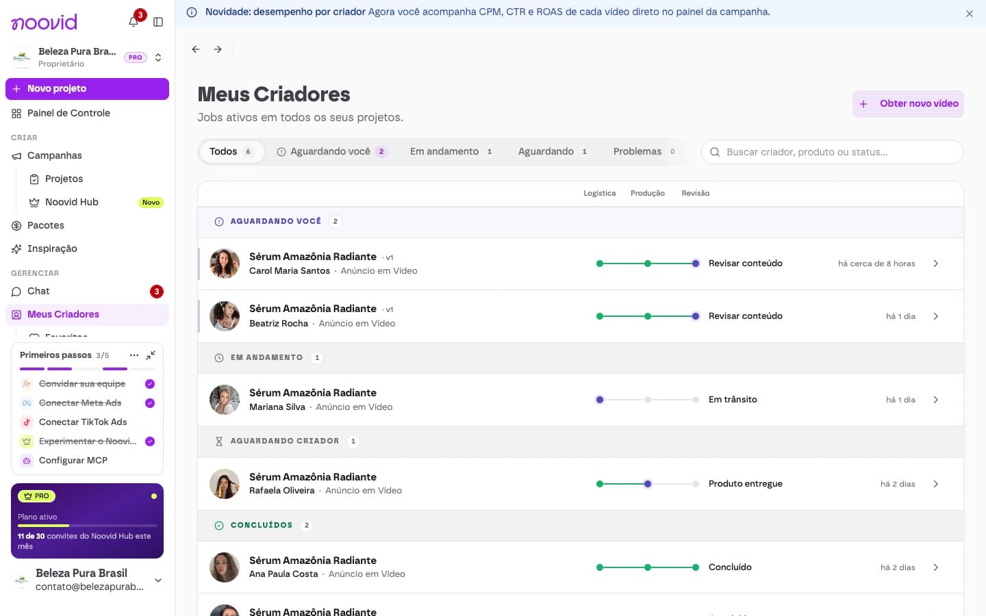 A página Meus Criadores, com o status de cada job
