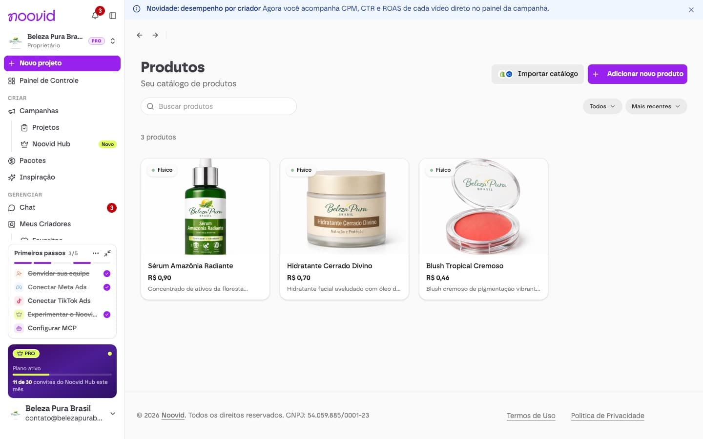 A biblioteca de Produtos, com os produtos da marca e os filtros por tipo