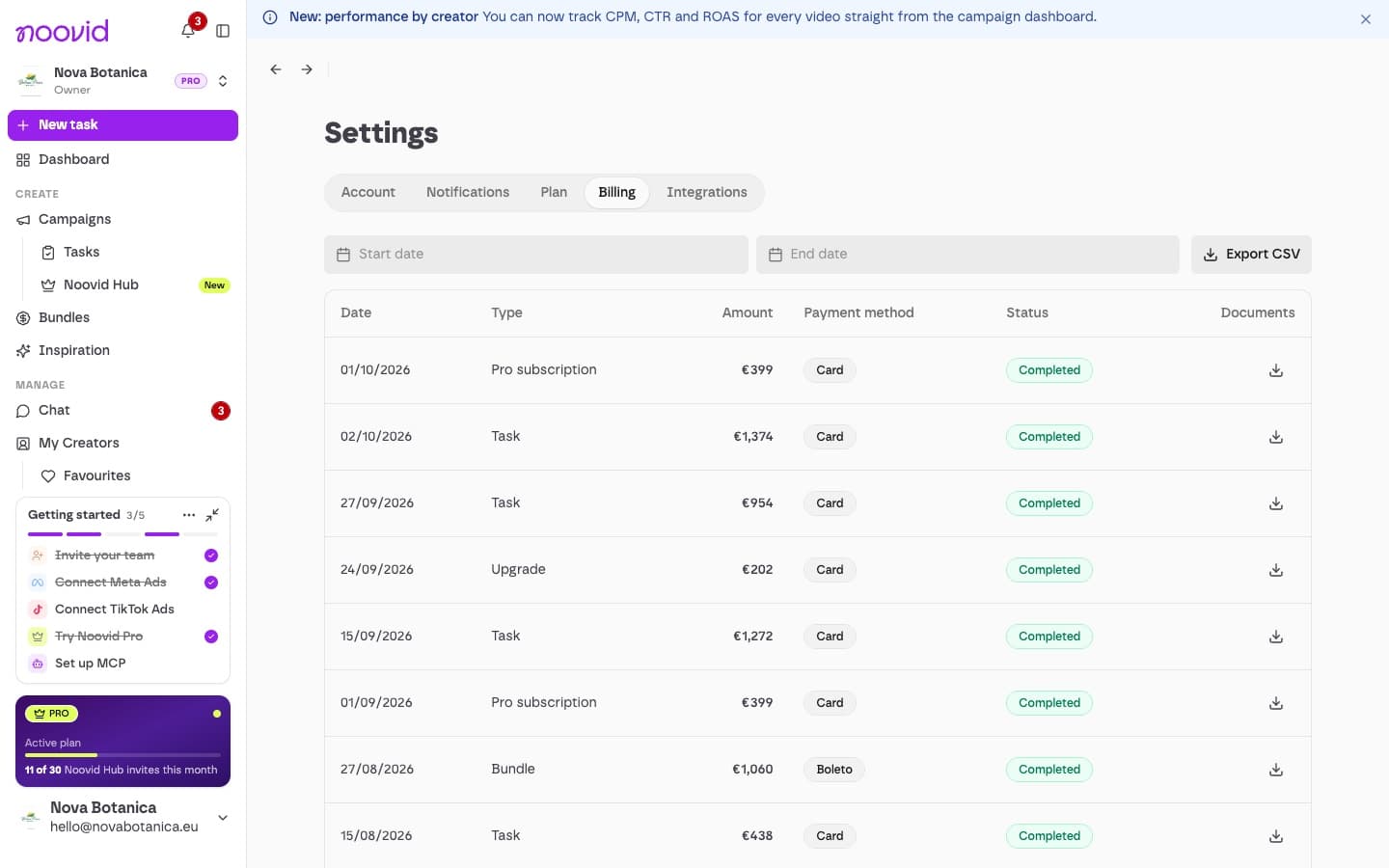 The Billing settings with your payment history and Download invoice buttons