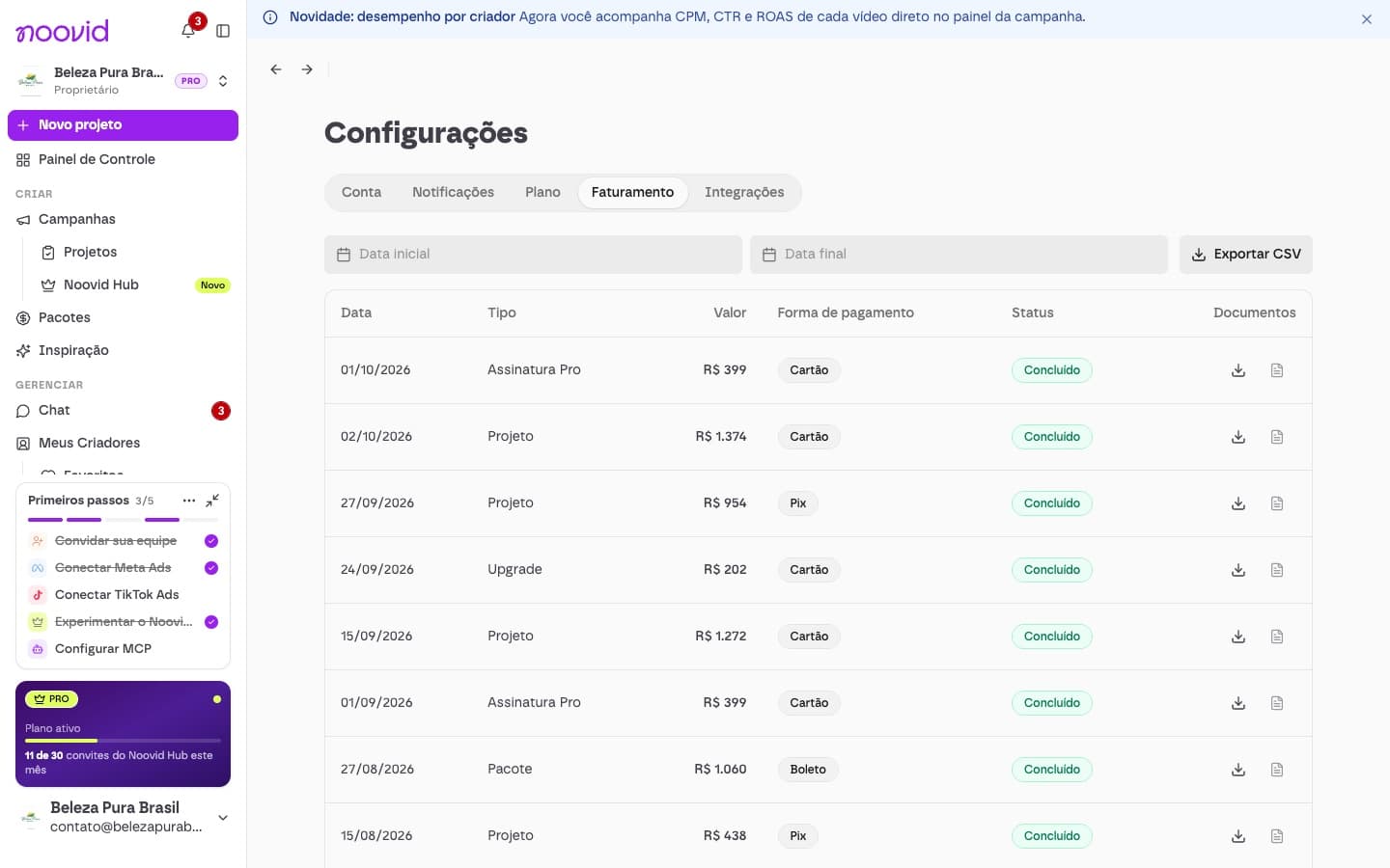 A página Configurações → Faturamento com o histórico de pagamentos, recibos e notas fiscais