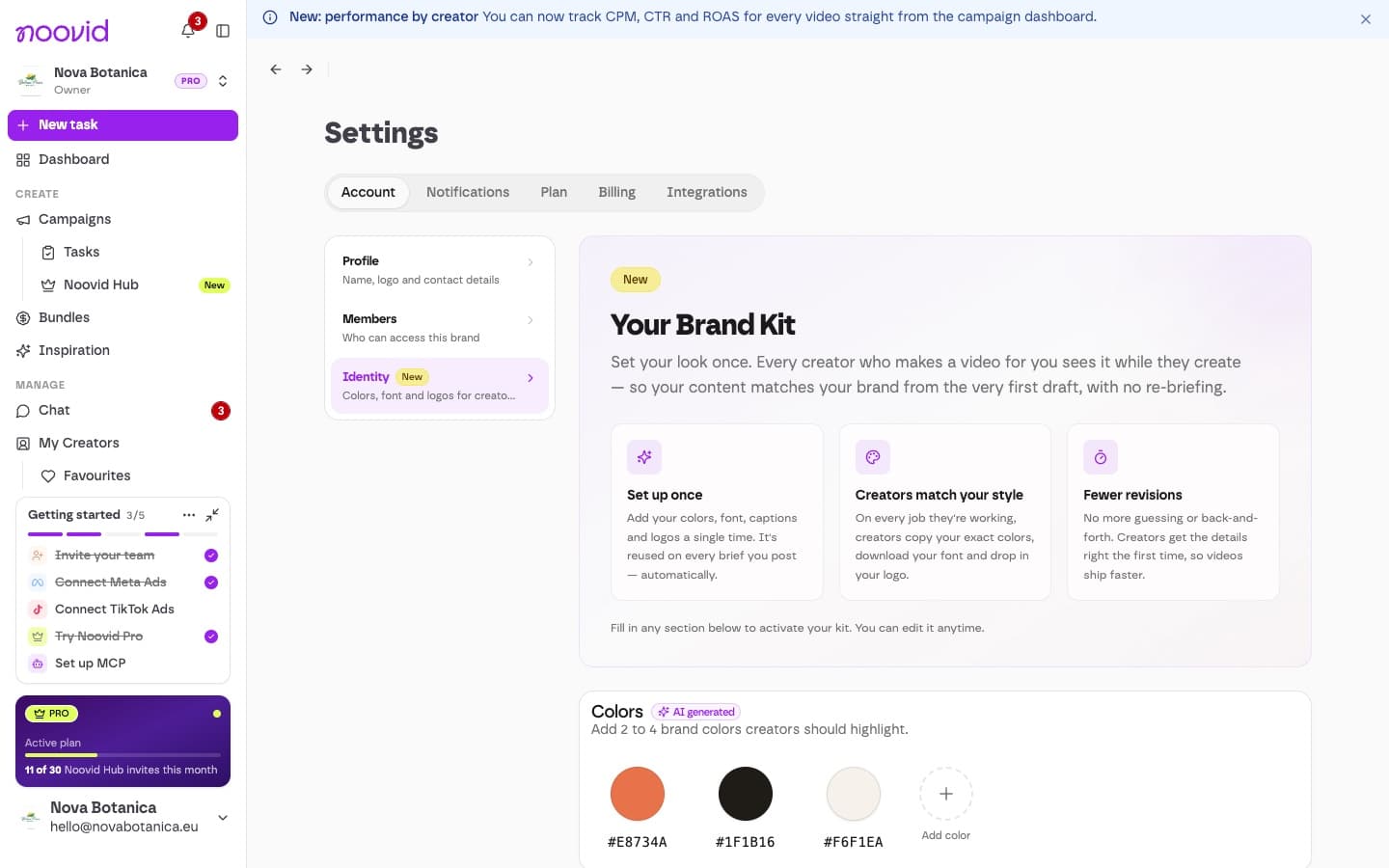 The Your Brand Kit page with colours, font, caption style, logos and brand voice