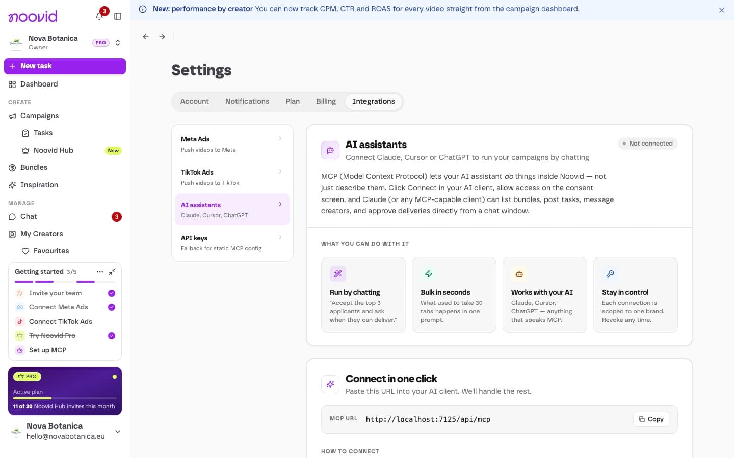 Settings → Integrations → AI assistants with the server URL and connected assistants