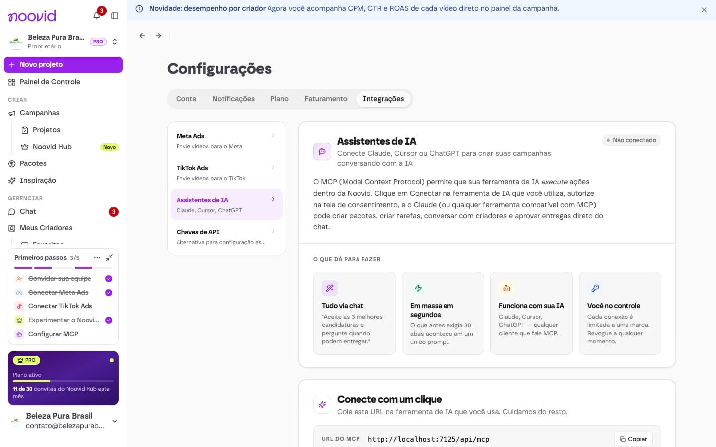 A página de Assistentes de IA nas configurações, com a URL do servidor MCP e as conexões