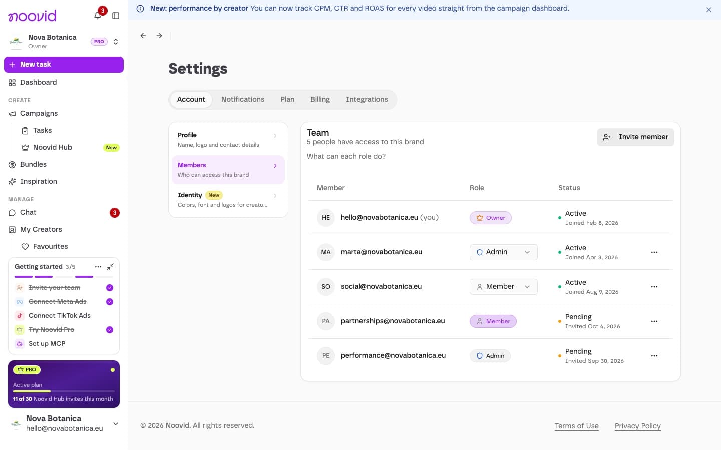The Members settings page with the Invite member button and team roles