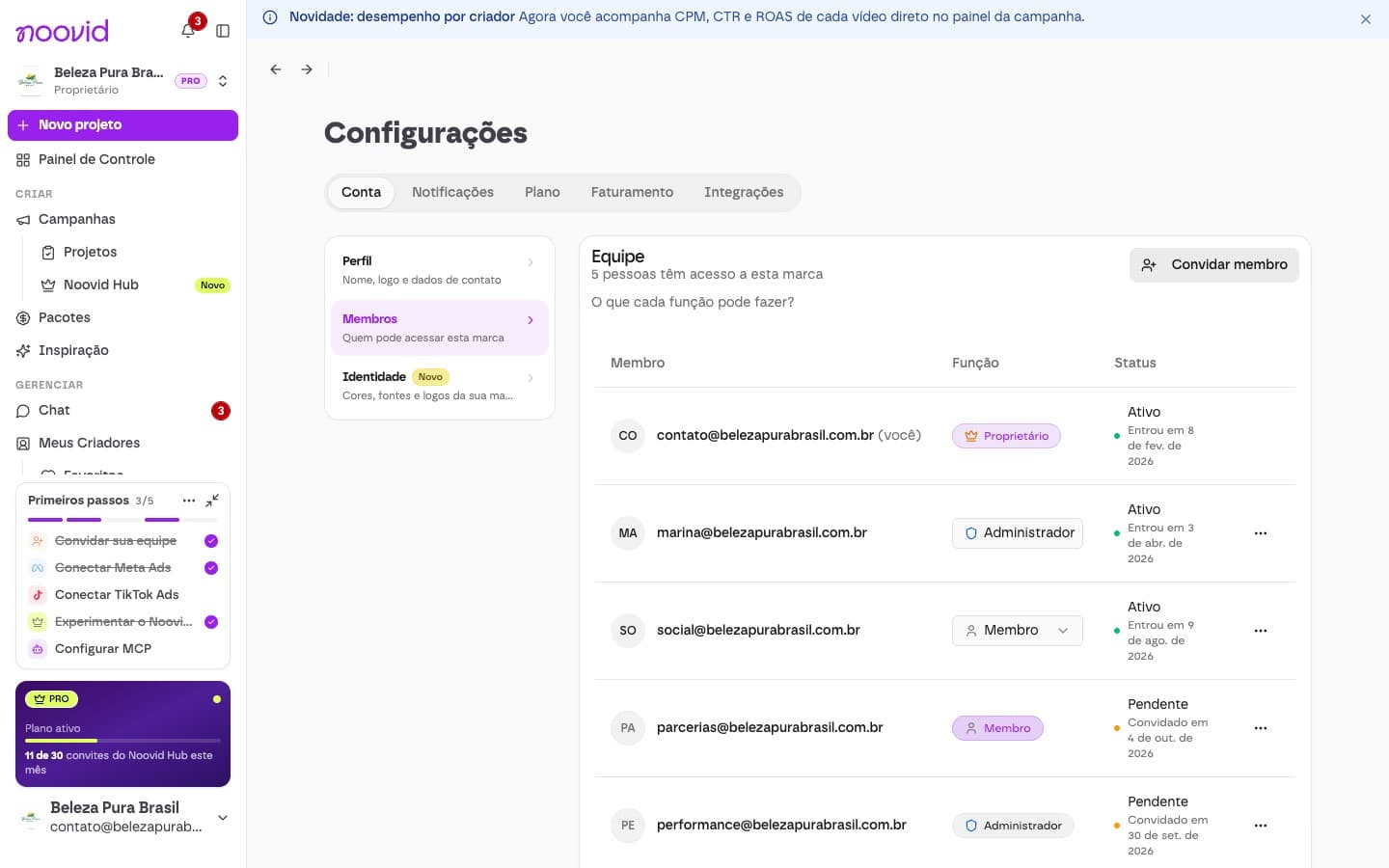 A página Membros nas Configurações, com a lista da equipe e o botão Convidar membro