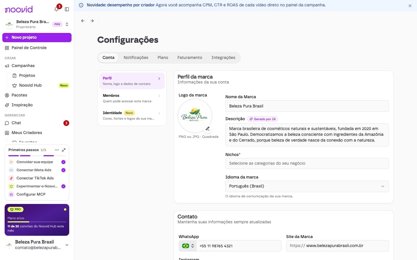 A página de perfil da marca nas Configurações, com logo, nome, descrição e dados de faturamento