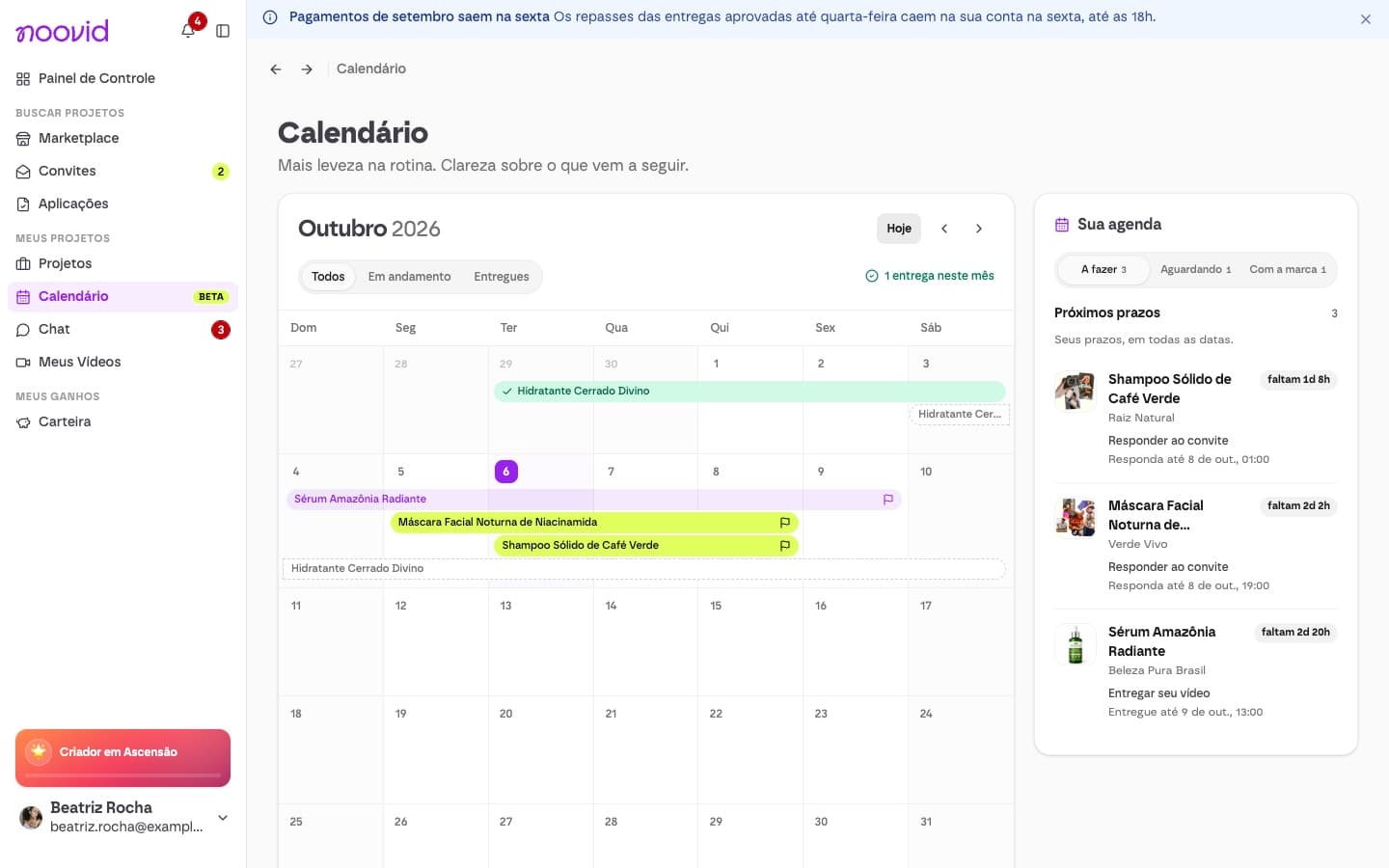 O Calendário do criador com os projetos do mês e a lista Sua agenda com os próximos prazos