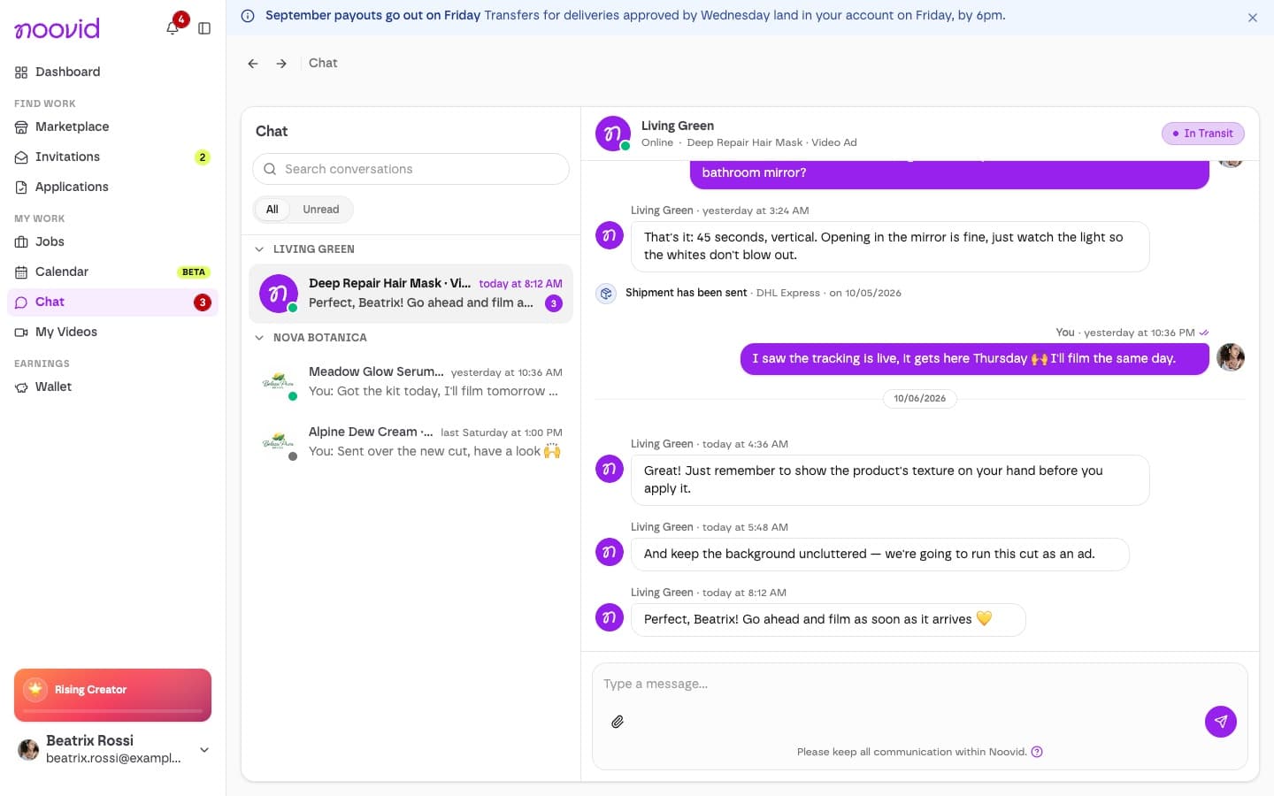 The Chat inbox with your conversations with brands
