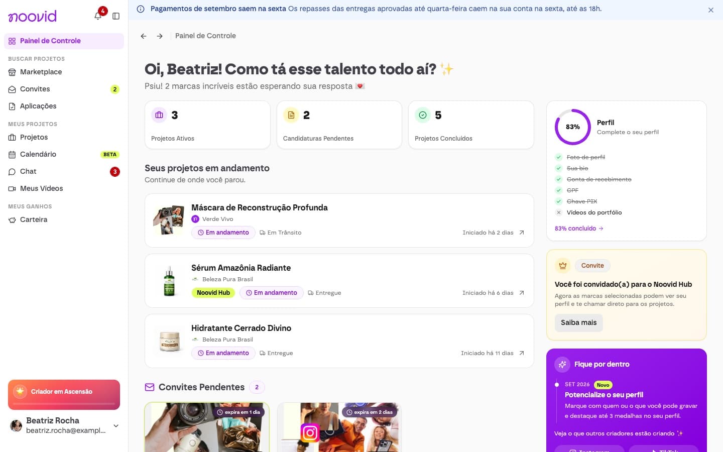 O Painel de Controle do criador, com projetos ativos, candidaturas pendentes, desempenho, ganhos e o menu lateral com Marketplace, Convites e Aplicações