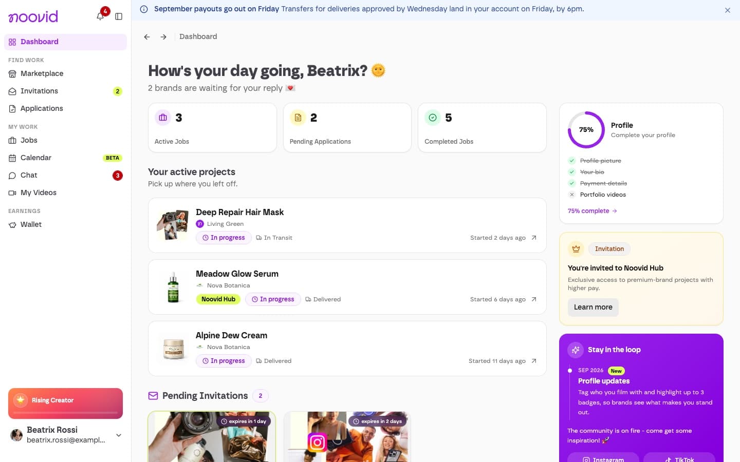The creator dashboard on Noovid