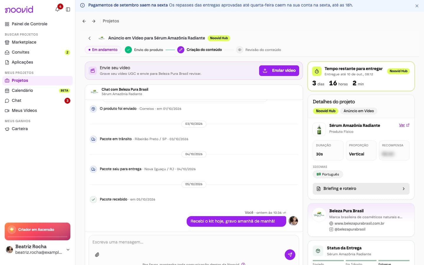 A página do projeto na etapa Criação do conteúdo, com o botão Enviar vídeo e o tempo restante para entregar