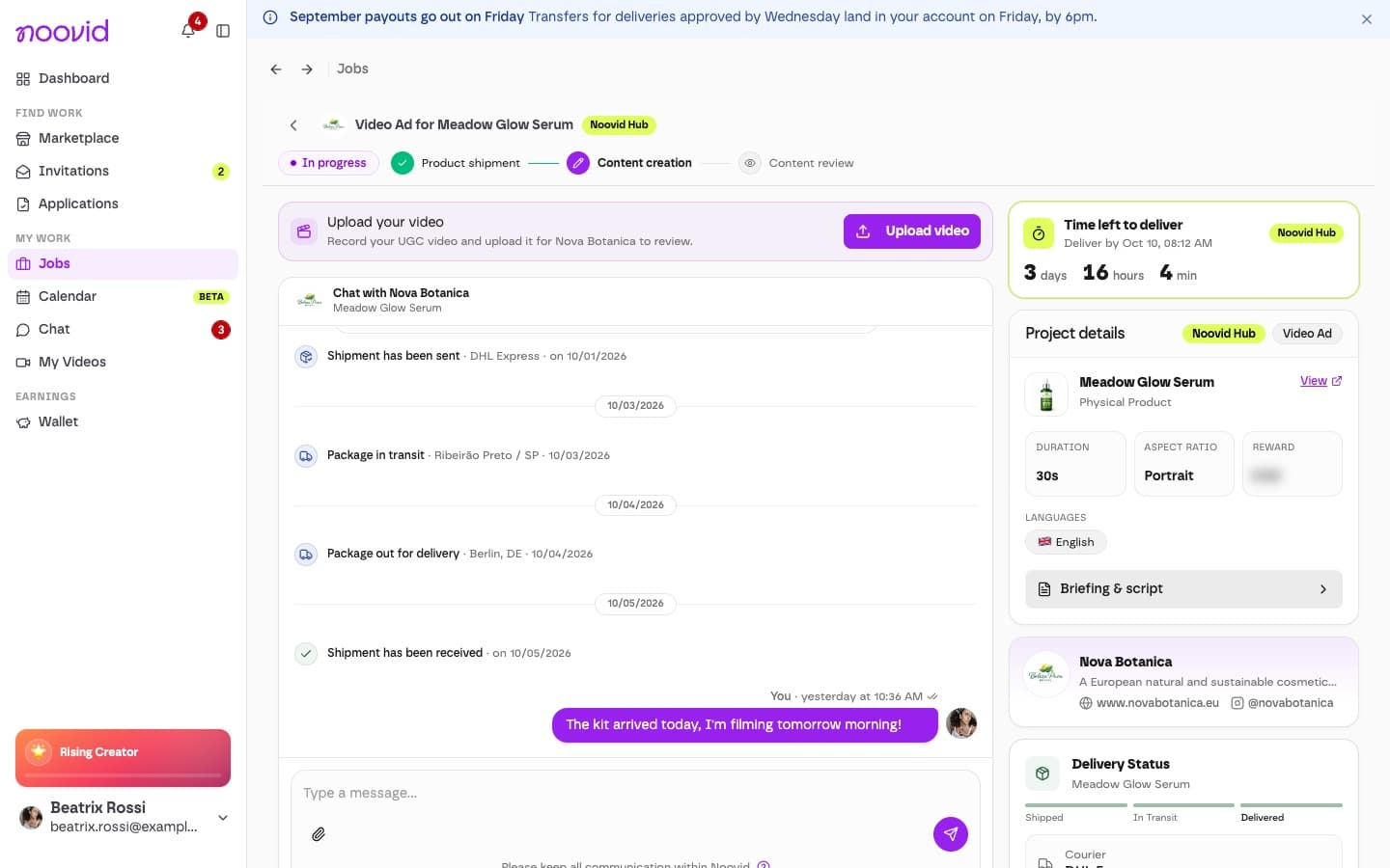 The job page with the Upload video button