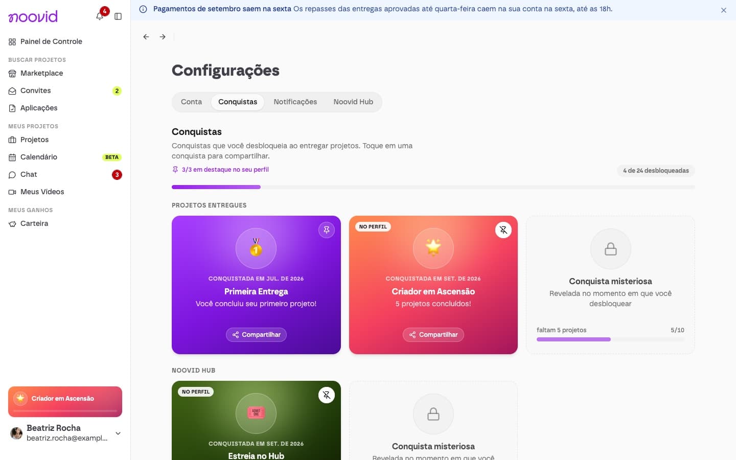 A aba Conquistas nas Configurações, com as conquistas desbloqueadas, o botão Compartilhar e as conquistas misteriosas ainda bloqueadas