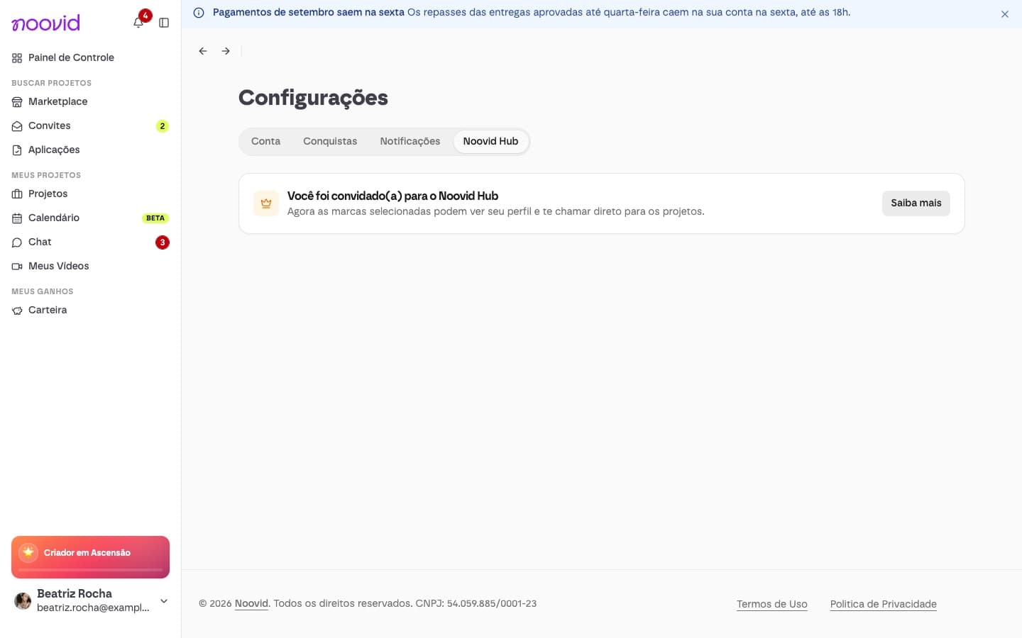 A aba Noovid Hub nas Configurações, com o aviso Você foi convidado(a) para o Noovid Hub e o botão Saiba mais