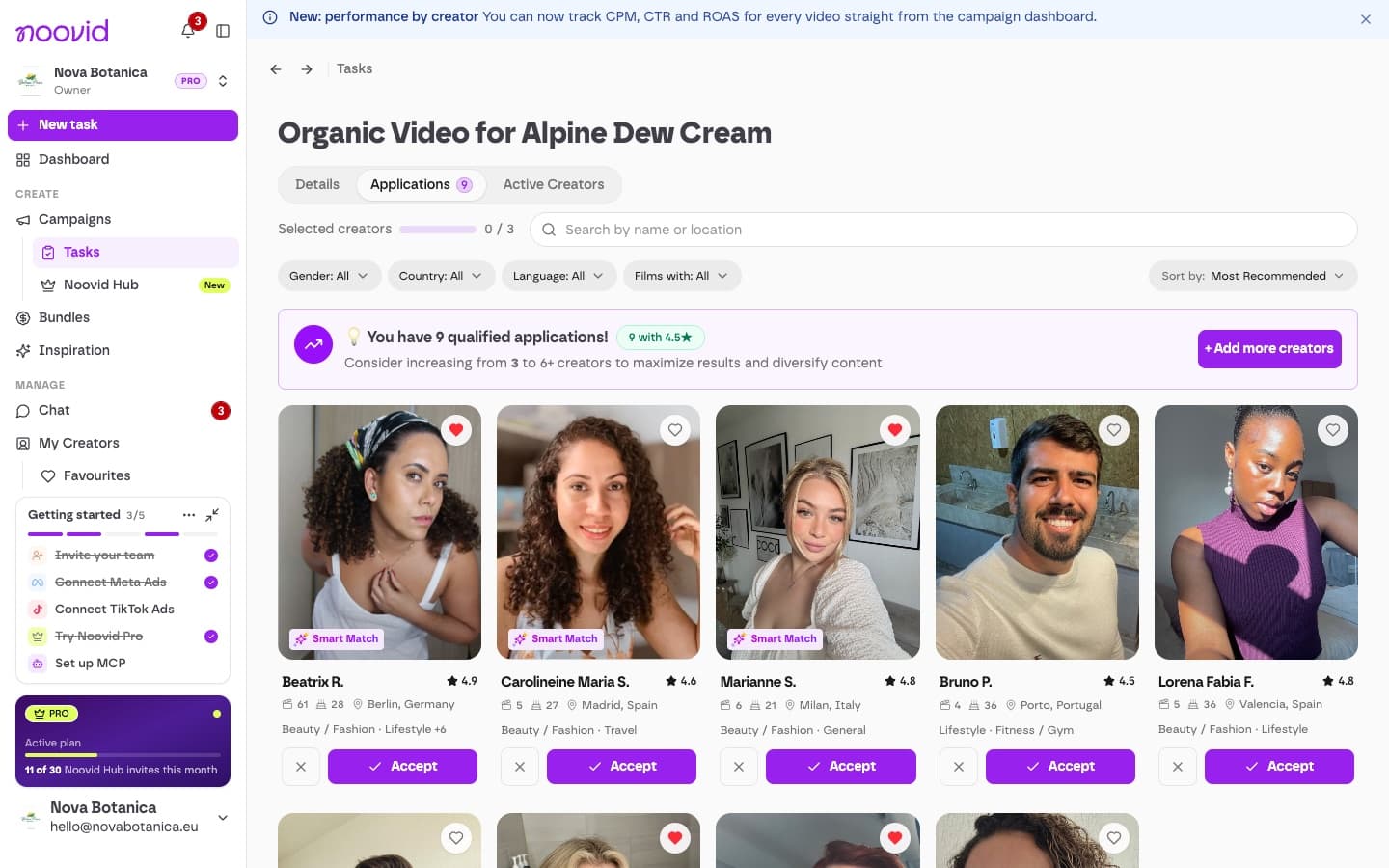 The applications page with the banner to add more creators