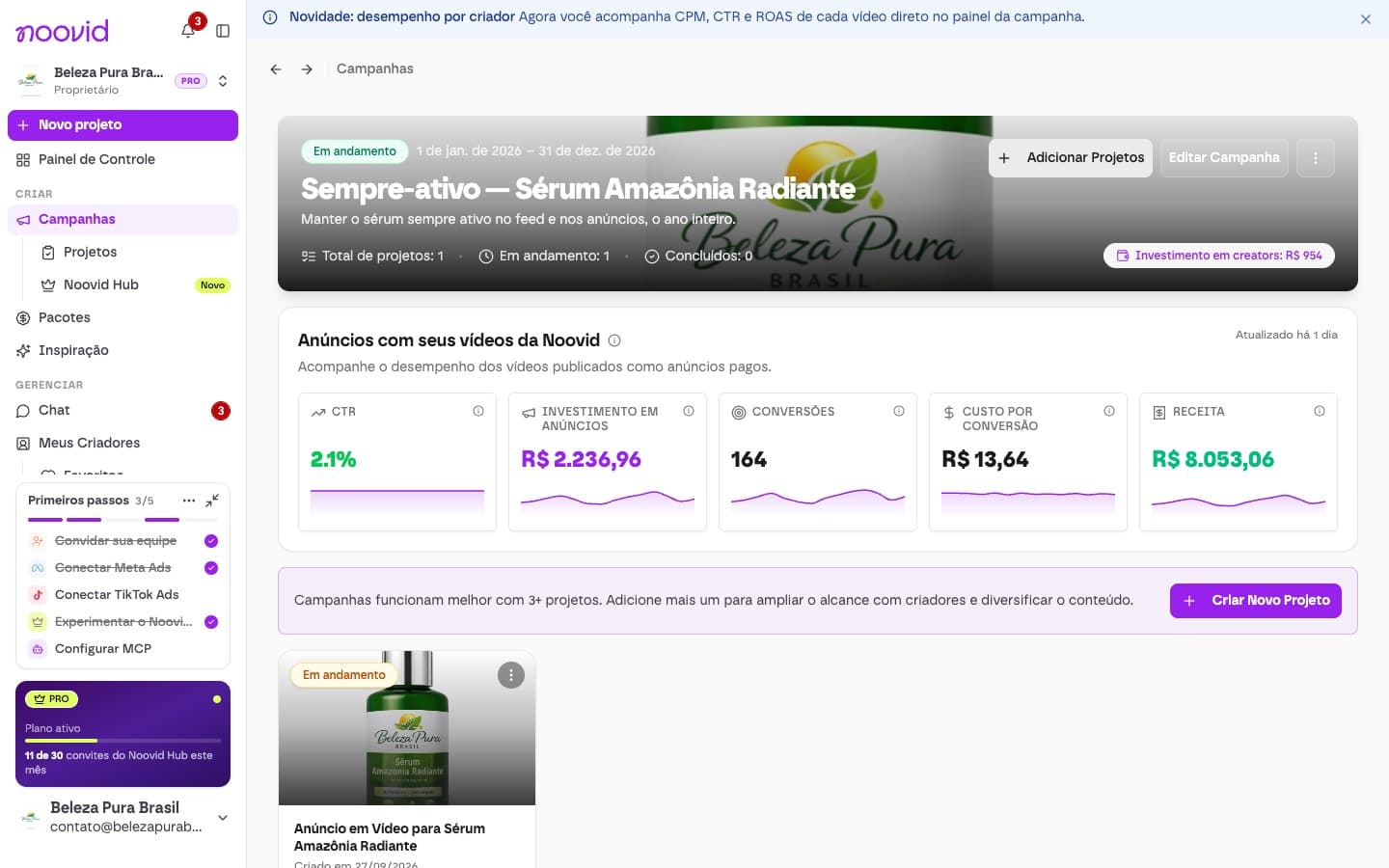 Uma campanha aberta, com os projetos vinculados e o andamento de cada um