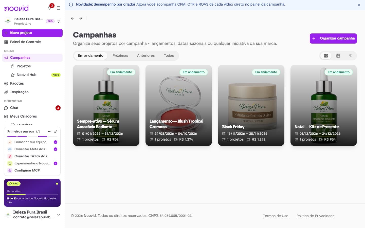 A página Campanhas, com as campanhas da marca e as opções de visualização