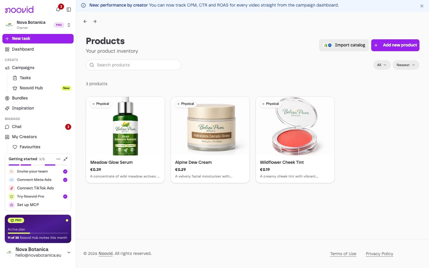 The Products library with filters for physical, digital and service products