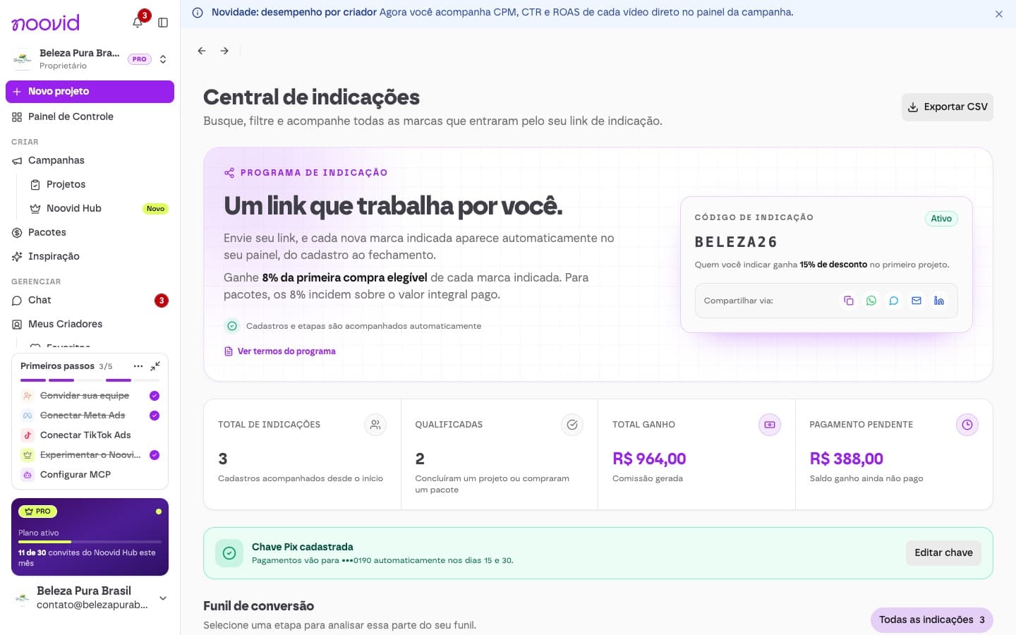 A Central de indicações com o link de indicação, os totais e o andamento de cada indicação