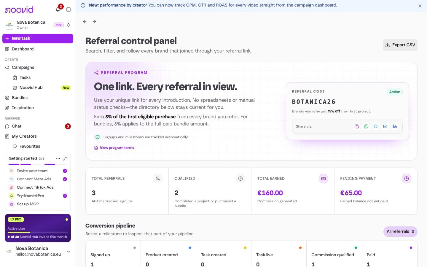 The Referral control panel with your link, referrals and earnings
