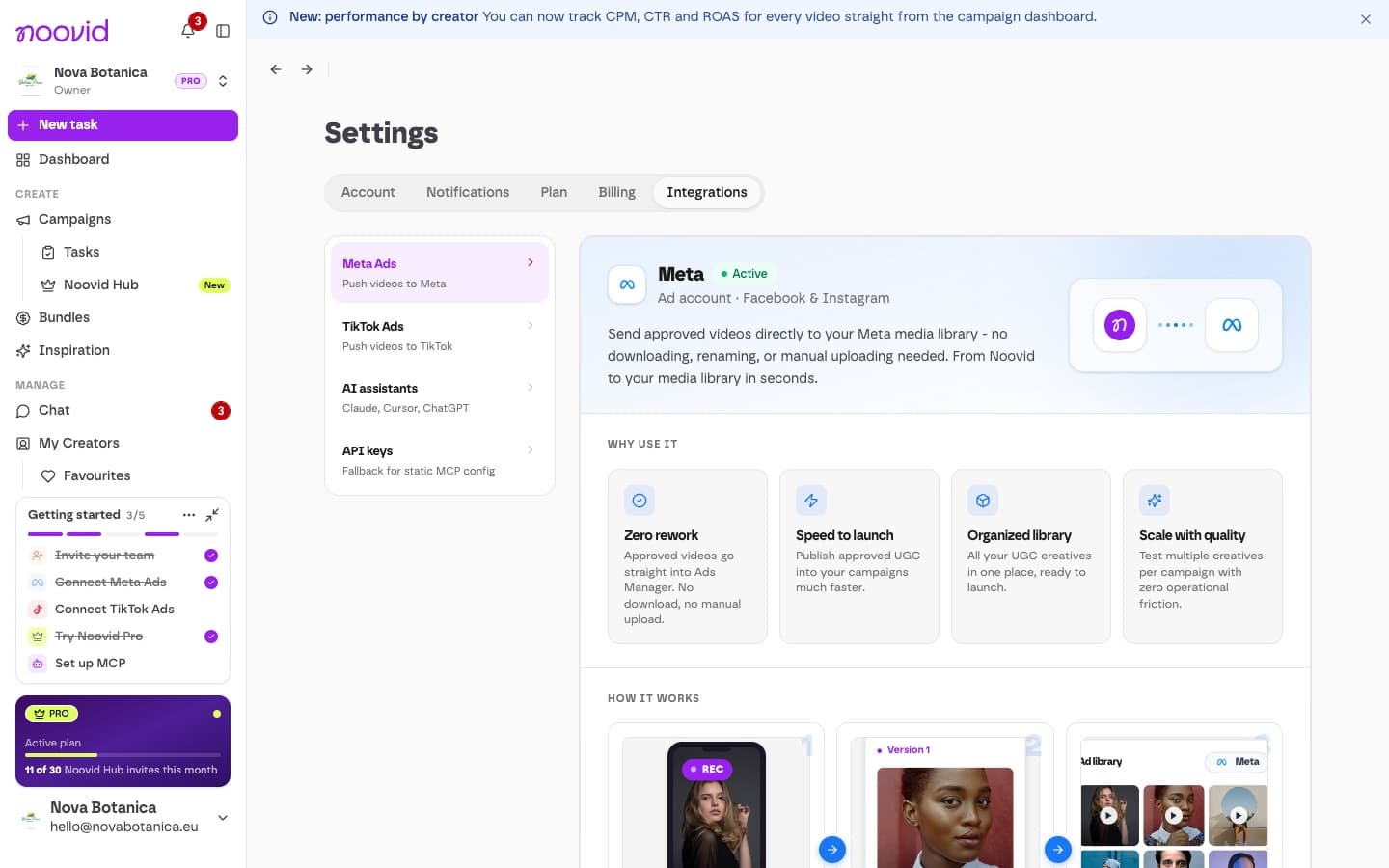 Settings → Integrations → Meta Ads with your connected ad accounts
