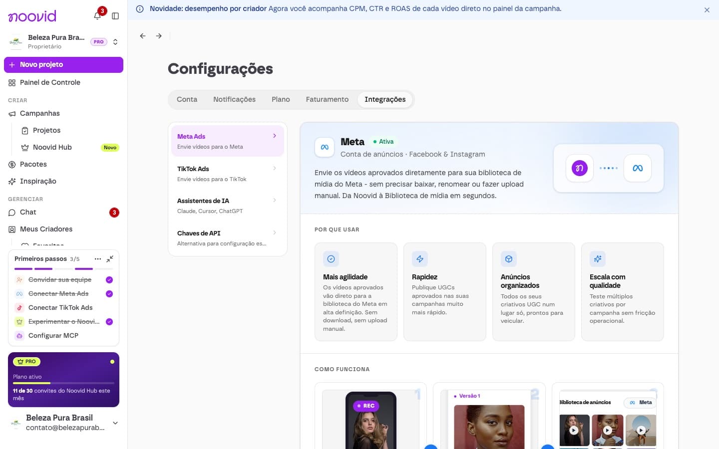 A integração com o Meta Ads nas configurações, com as contas de anúncios conectadas