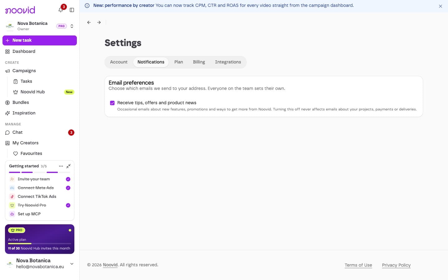 The notification settings for tips, offers and product news