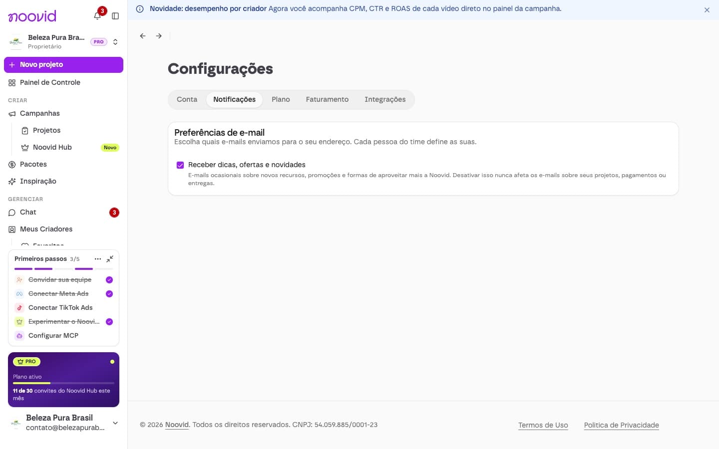 As configurações de notificações por e-mail da marca