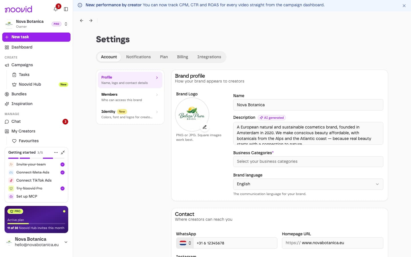 The brand profile settings with logo, name, description and invoicing details
