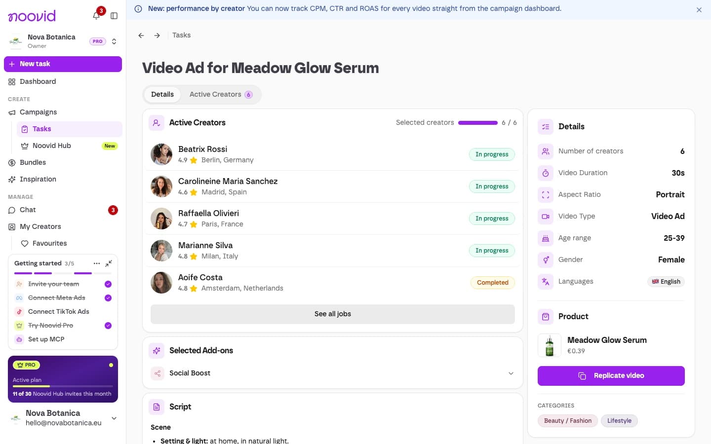 The project page with your project details and add-ons