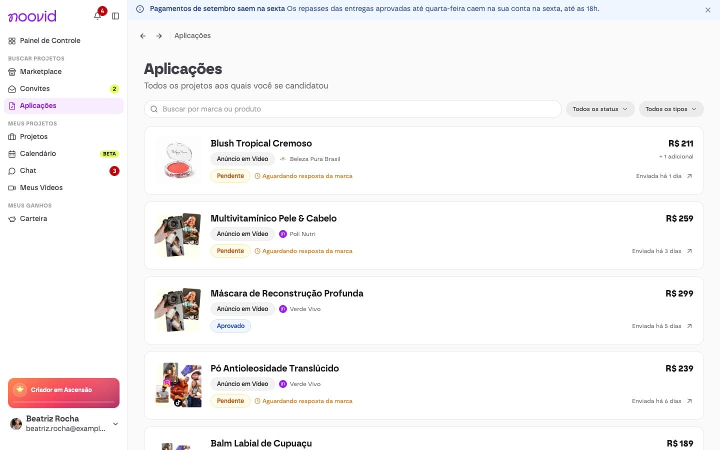 The Applications page listing every project you've applied to