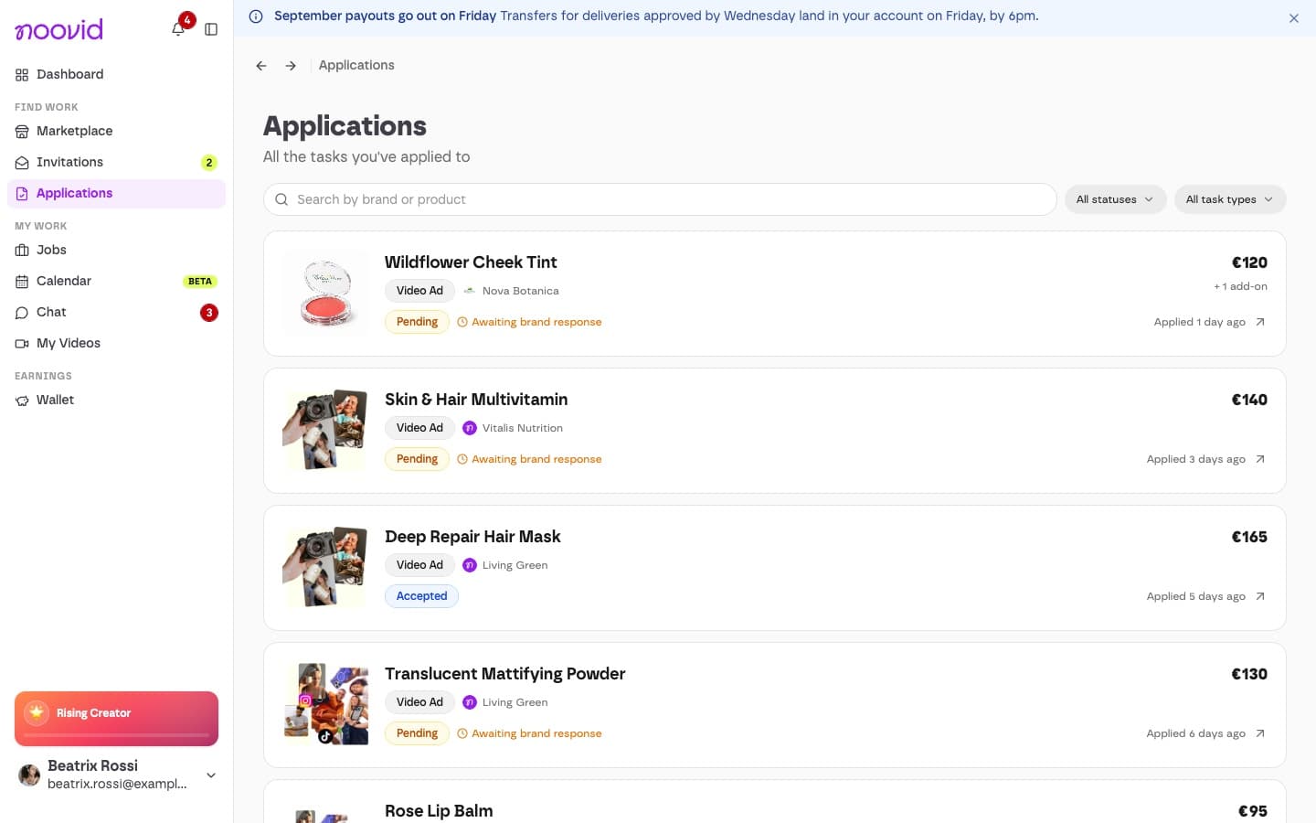 The Applications page listing the projects you've applied to