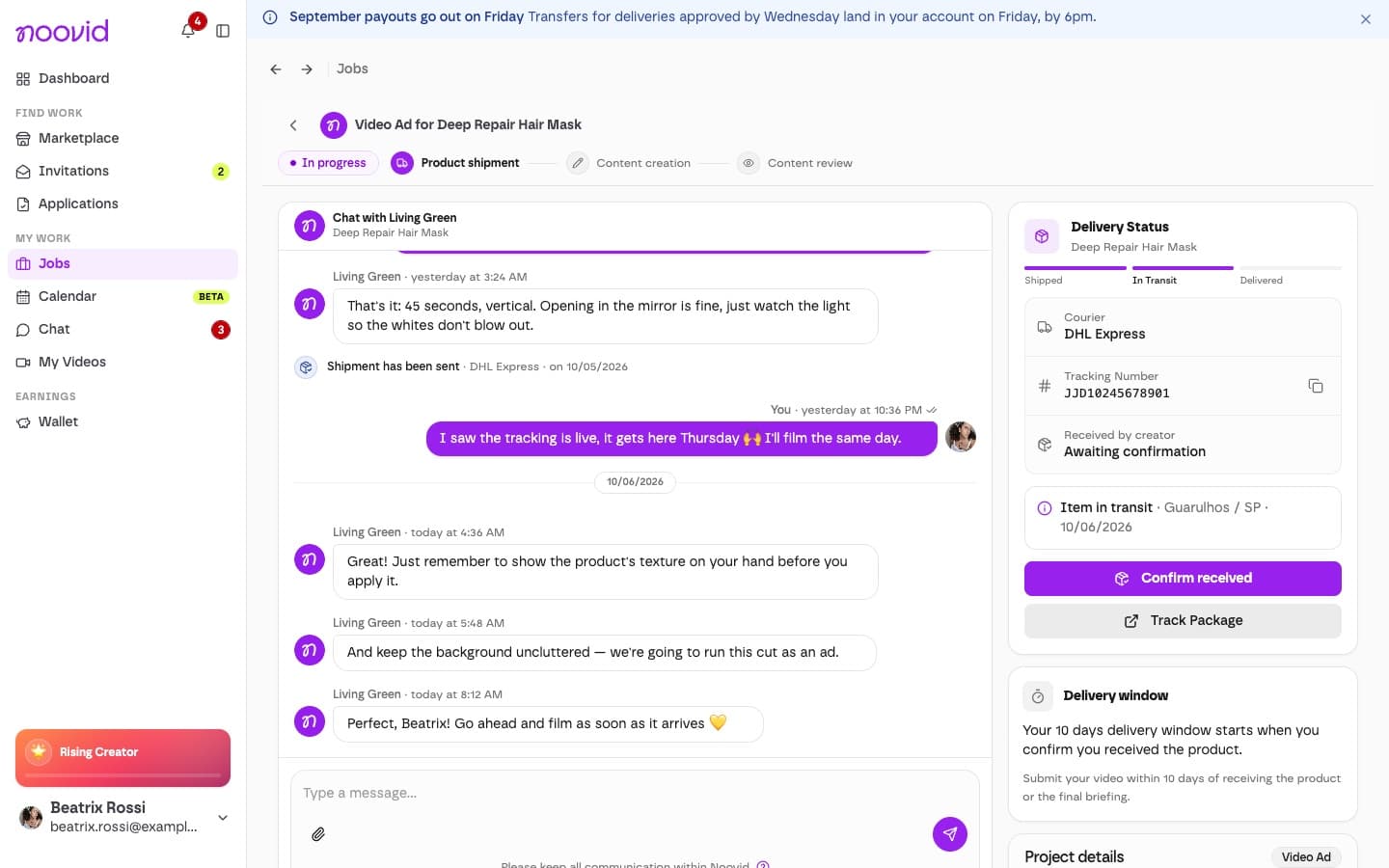 The job page with the delivery window and the Confirm received button