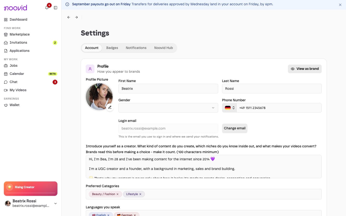 The Account page in Settings, where you edit your profile