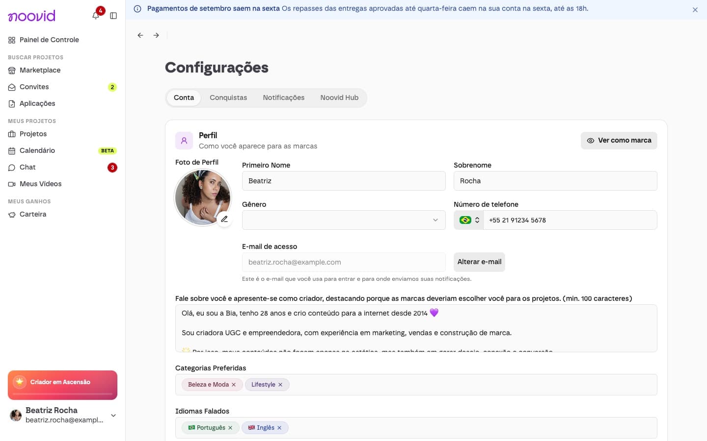 A aba Conta nas Configurações, com foto de perfil, nome, telefone, e-mail de acesso, bio, categorias, idiomas e o botão Ver como marca