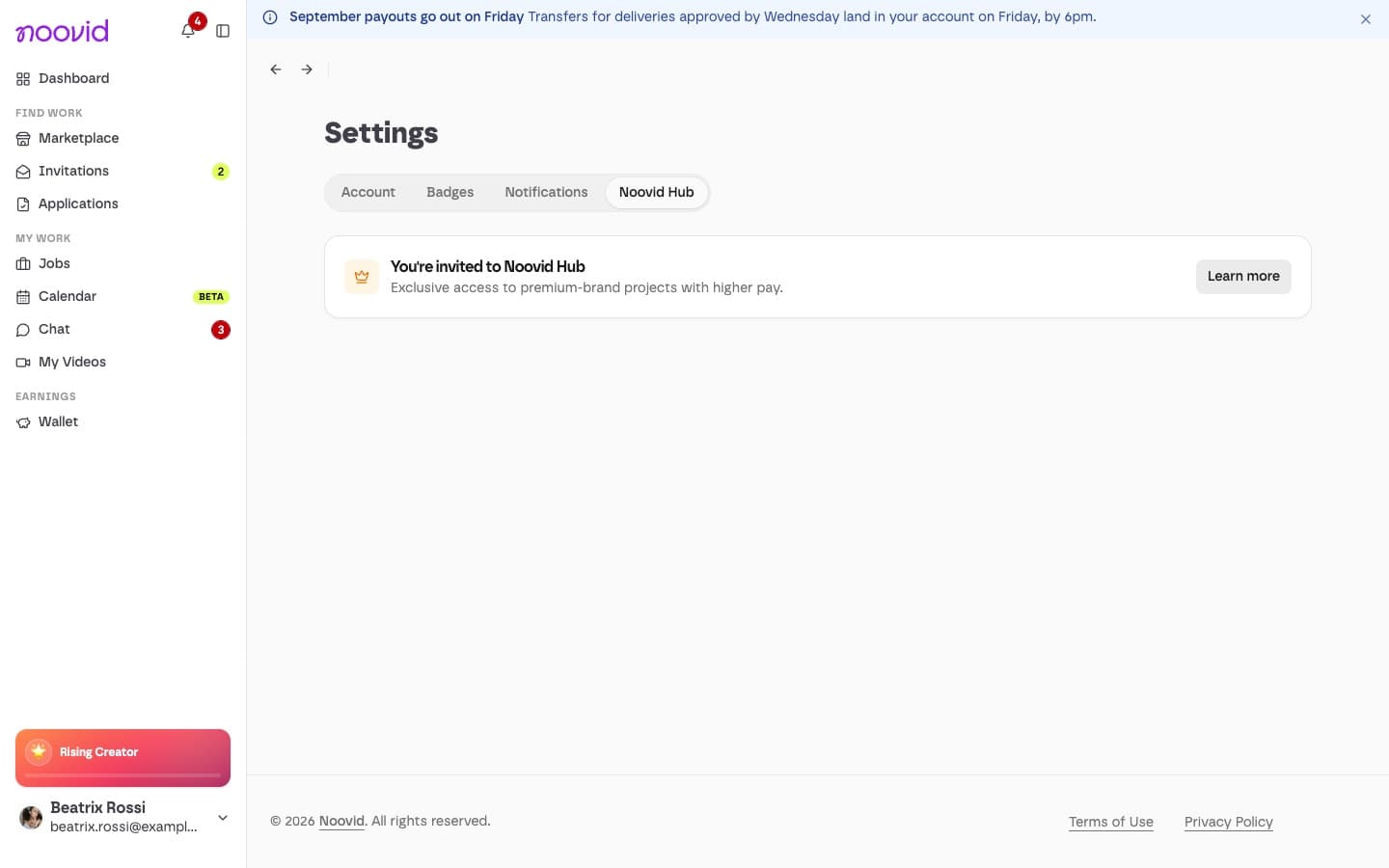 The Noovid Hub page in Settings